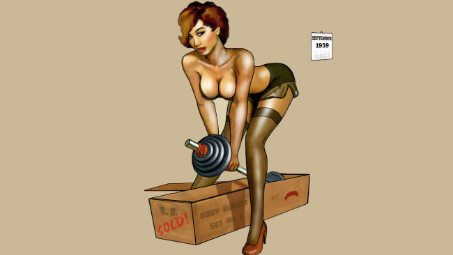 Обои картинки фото рисованное, комиксы, штанга, календарь, взгляд, фон, девушка