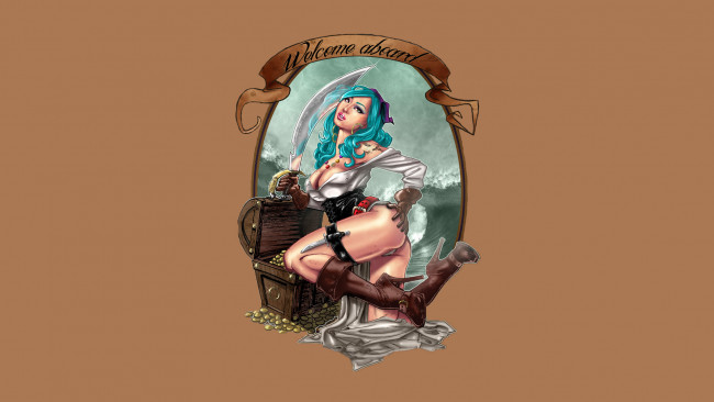 Обои картинки фото рисованное, люди, сабля, взгляд, фон, девушка, золото, сундук