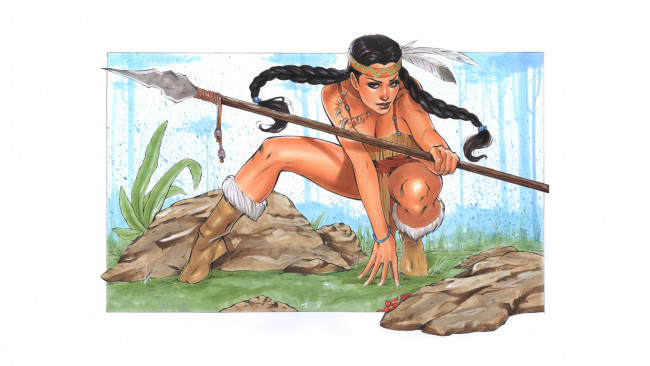 Обои картинки фото рисованное, люди, взгляд, фон, девушка, копьё