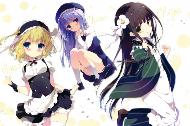 Обои картинки фото gochuumon wa usagi desu ka, аниме, фон, девушки, взгляд