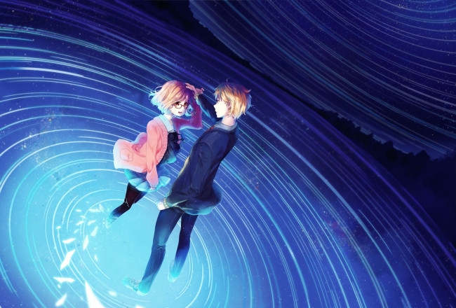 Обои картинки фото аниме, kyoukai no kanata, взгляд, девушка, парень, фон