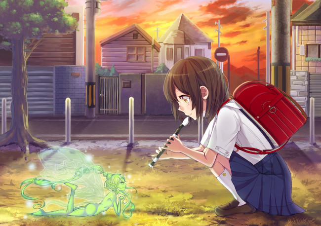 Обои картинки фото аниме, магия,  колдовство,  halloween, девушка, взгляд, фон