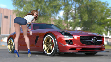 Картинка 3д+графика люди-авто мото+ people-+car+ +moto автомобиль фон взгляд девушка