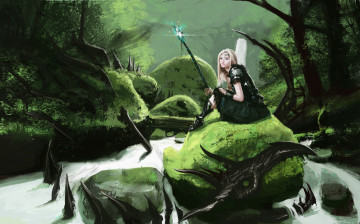 Картинка фэнтези девушки водопад посох скелет девушка камни