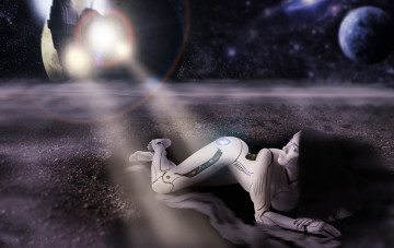 Картинка фэнтези роботы +киборги +механизмы фон девушка планета взгляд