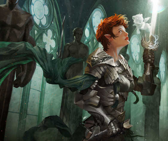 Обои картинки фото фэнтези, эльфы, арт, храм, статуя, рыжая, доспех, девушка, эльф, дух, меч, воин