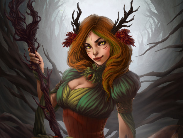 Обои картинки фото фэнтези, девушки, посох, рога, девушка