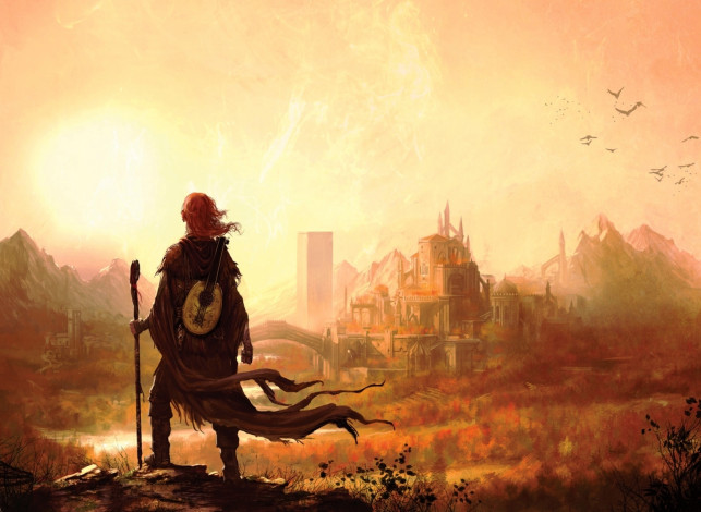 Обои картинки фото фэнтези, маги,  волшебники, инструмент, посох, менестрель, бард, птицы, город