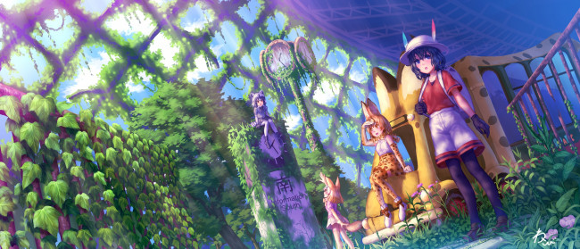 Обои картинки фото kemono friends, аниме, фон, взгляд, девушка