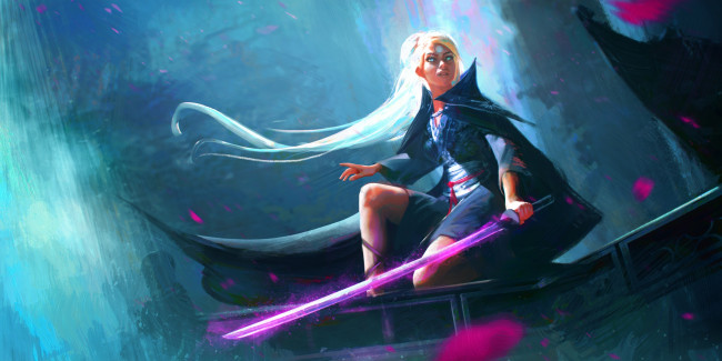 Обои картинки фото фэнтези, девушки, плащ, блондинка, арт, меч, волосы, девушка, красота, взгляд