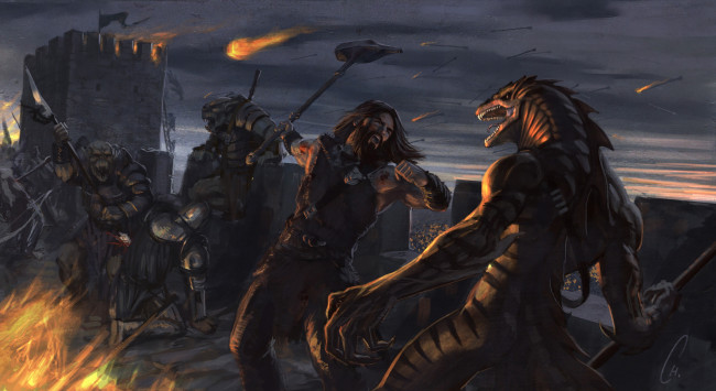 Обои картинки фото фэнтези, существа, схватка, монстры, воины, мир, иной