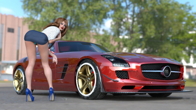 Обои картинки фото 3д графика, люди-авто, мото , people- car ,  moto, автомобиль, фон, взгляд, девушка