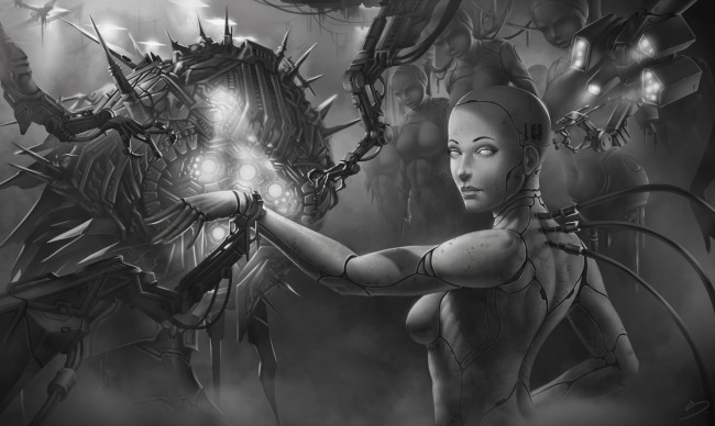 Обои картинки фото фэнтези, роботы,  киборги,  механизмы, черно-белое, фото, девушка