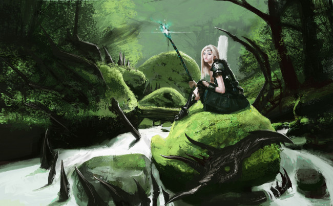 Обои картинки фото фэнтези, девушки, водопад, посох, скелет, девушка, камни