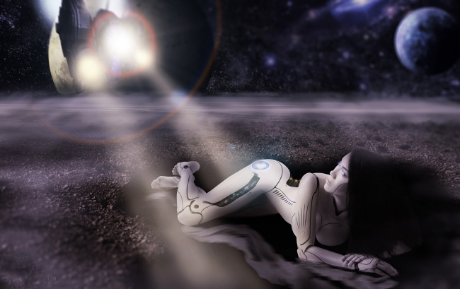 Обои картинки фото фэнтези, роботы,  киборги,  механизмы, фон, девушка, планета, взгляд