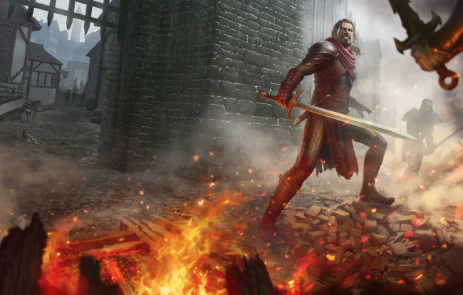 Обои картинки фото фэнтези, люди, огонь, меч, доспехи, рыцарь, воин