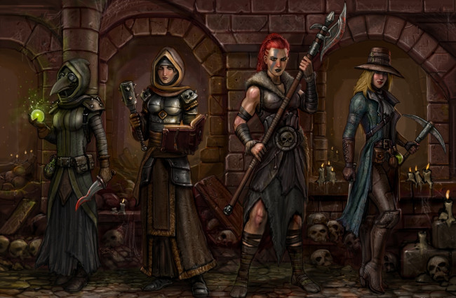 Обои картинки фото фэнтези, девушки, кинжал, маска, фантастика, the, valkyries, darkest, dungeon, секира, art, кирка