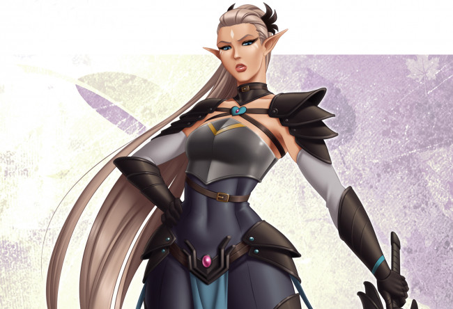 Обои картинки фото фэнтези, эльфы, белые, волосы, воин, девушка, взгляд, аниме, эльф, adalia