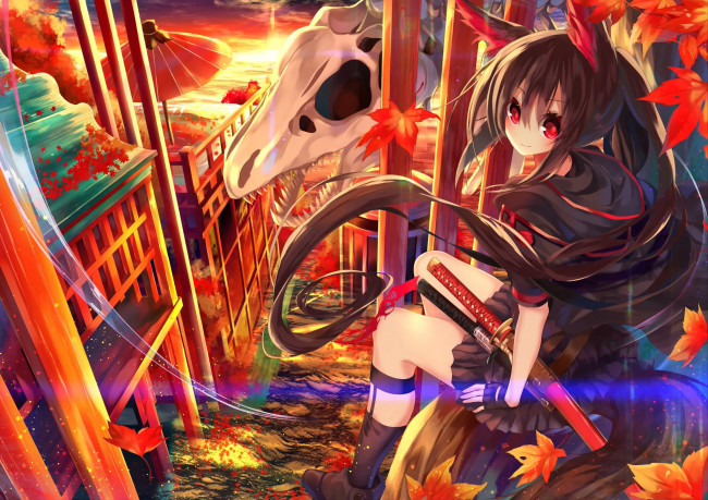 Обои картинки фото аниме, животные,  существа, девушка