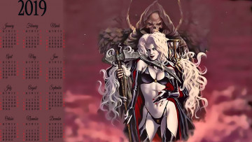 Картинка календари фэнтези девушка скелет calendar 2019 блондинка коса женщина