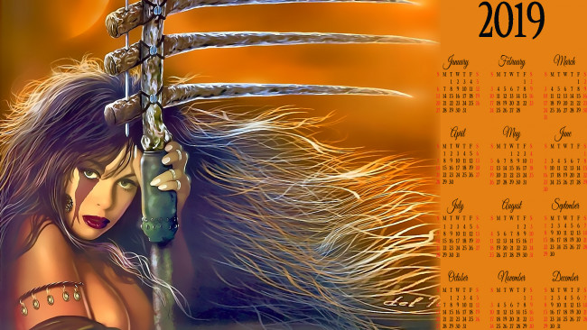 Обои картинки фото календари, фэнтези, 2019, calendar, девушка, взгляд, женщина
