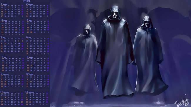 Обои картинки фото календари, фэнтези, 2019, calendar, плащ, трое, капюшон