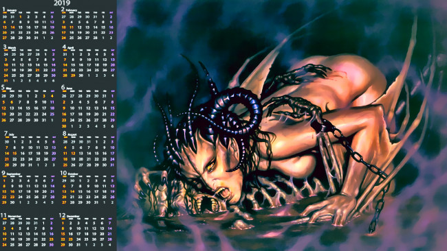 Обои картинки фото календари, фэнтези, 2019, скелет, существо, calendar, рога, цепь