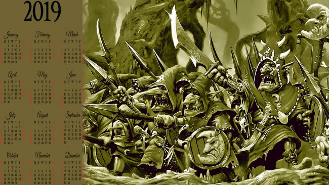Обои картинки фото календари, фэнтези, много, calendar, 2019, существо, оружие, щит, гоблин