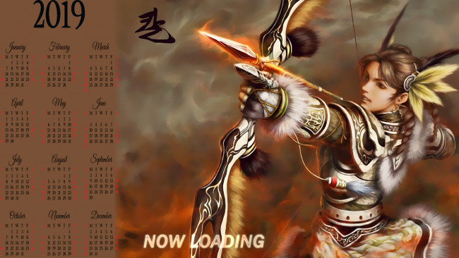 Обои картинки фото календари, видеоигры, оружие, девушка, перо, воительница, лук, стрела, calendar, 2019