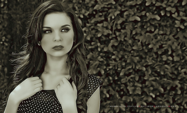 Обои картинки фото календари, компьютерный дизайн, 2019, растение, листья, calendar, девушка, женщина