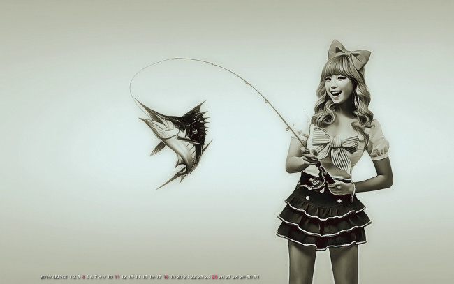 Обои картинки фото календари, компьютерный дизайн, рыба, бант, женщина, удочка, 2019, calendar, девушка, азиатка