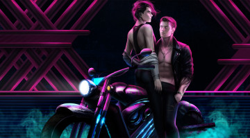 Картинка рисованное люди девушка мужчина фон мотоцикл