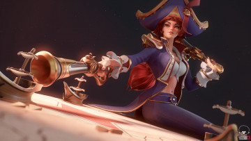 Картинка видео+игры league+of+legends девушка шляпа оружие miss fortune карта корабли стол