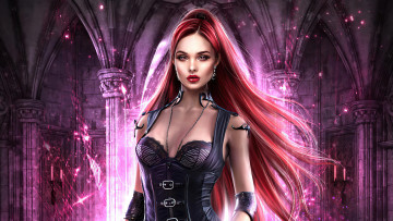 Картинка фэнтези девушки взгляд свет lights магия огоньки колонны light magic длинные волосы long hair красивая девушка очарование look beautiful girl fantasy art columns