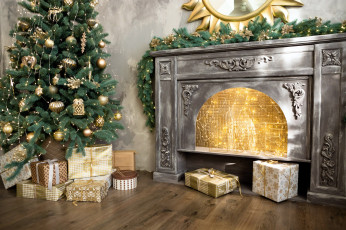 обоя праздничные, ёлки, камин, елка, подарки