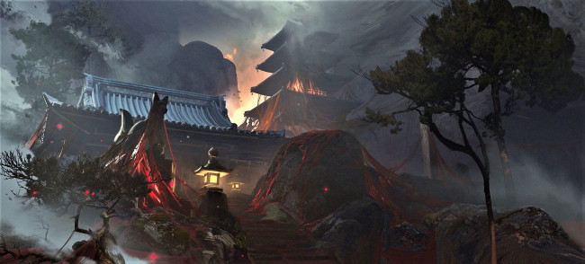 Обои картинки фото рисованное, города, дома, лестница, пожар, огонь