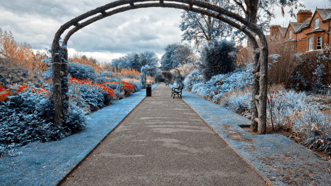 Обои картинки фото города, - здания,  дома, аллея, скамейка, осень