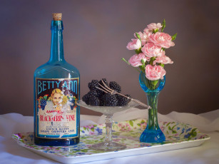 обоя еда, ежевика, букет, ягоды, бутылка