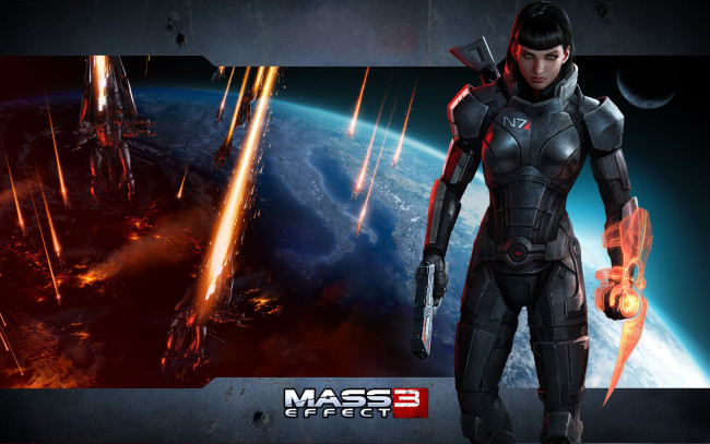 Обои картинки фото видео игры, mass effect 3, девушка, броня, оружие, планета