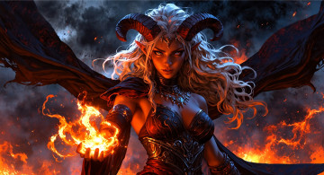 обоя фэнтези, демоны, девушка, демонесса, рога, плащ, огонь, магия