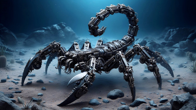 Обои картинки фото 3д графика, научная фантастика , science fiction, скорпион, киборг, робот, вода, дно, камни, песок