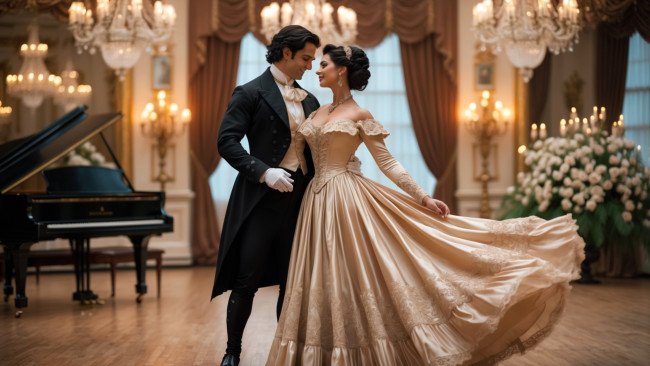 Обои картинки фото 3д графика, романтика , romantics, танцующая, пара, бальное, платье