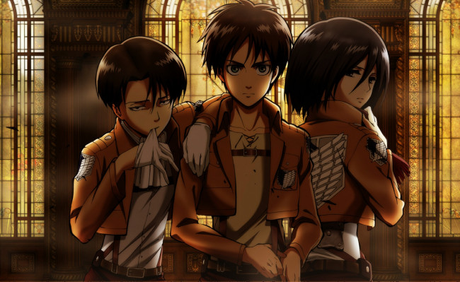 Обои картинки фото shingeki, no, kyojin, аниме, собор, перчатки, парень, девушка