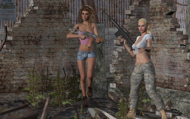 Обои картинки фото 3д графика, фантазия , fantasy, оружие, взгляд, девушки