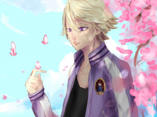 Картинка разное арты парень цветы арт сакура блондин