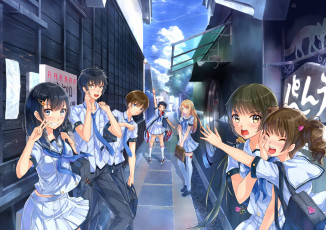 Картинка аниме город +улицы +здания kazeno девушки парни арт школьники