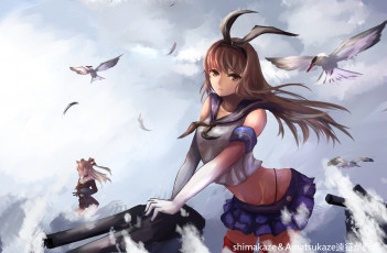 Картинка аниме kantai+collection девушки взгляд фон птицы