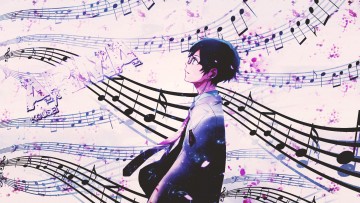 Картинка аниме shigatsu+wa+kimi+no+uso ноты парень dinocojv арт музыка