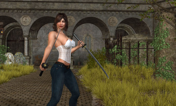 Картинка 3д+графика фантазия+ fantasy взгляд оружие фон девушка