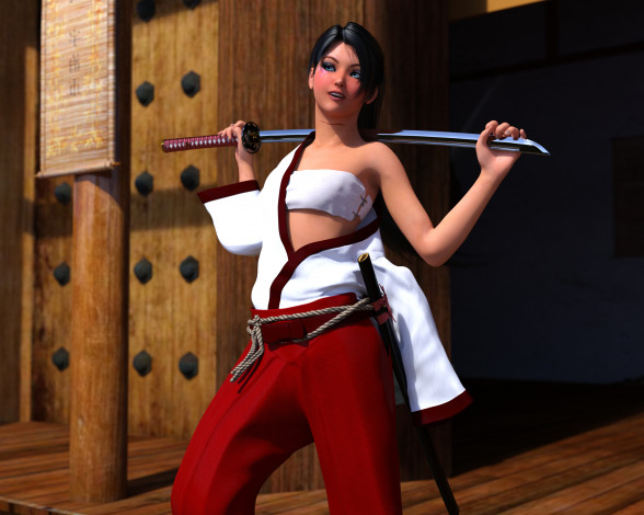 Обои картинки фото 3д графика, люди , people, фон, взгляд, девушка, оружие